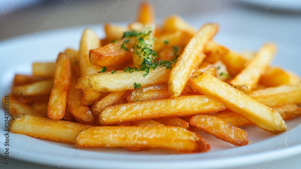 Crispy golden French fries garnished with herbs, served on a white plate. A delicious snack for any occasion. Crispy golden French fries garnished with herbs, served on a white plate. A delicious snack for any occasion.