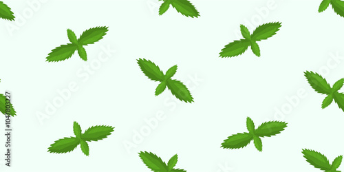 Seamless pattern with fresh mint leaves on light green background, vector