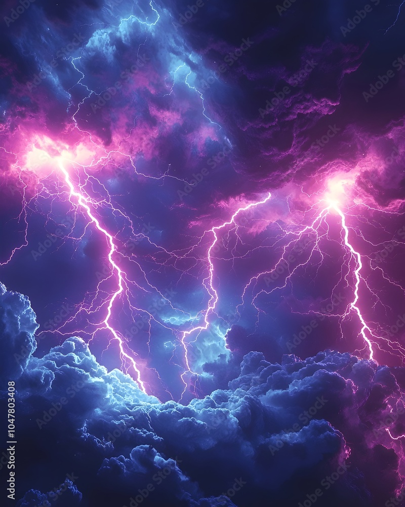 Obraz premium A stunning display of purple and blue lightning striking through dramatic storm clouds, creating an electric atmosphere filled with vibrant energy and awe-inspiring natural beauty.