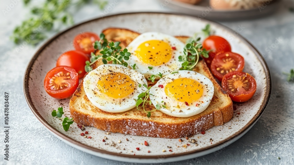 Delicious breakfast plate with toast, fried eggs, cherry tomatoes, and fresh herbs, beautifully presented for a vibrant morning meal. Delicious breakfast plate with toast, fried eggs, cherry tomatoes, and fresh herbs, beautifully presented for a vibrant morning meal.
