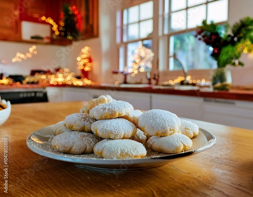 Heidesand cookies on a rustic table, sunlit kitchen, festive decor, cozy Christmas vibes. photo