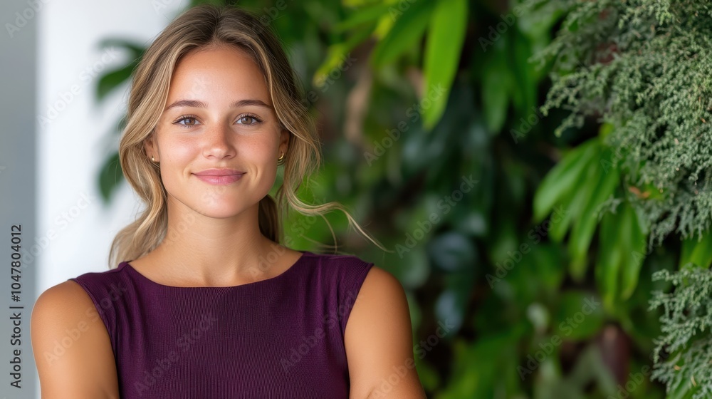 A woman with light hair smiles gently while posing in front of a leafy green backdrop, capturing the essence of elegance and simplicity naturally. A woman with light hair smiles gently while posing in front of a leafy green backdrop, capturing the essence of elegance and simplicity naturally.
