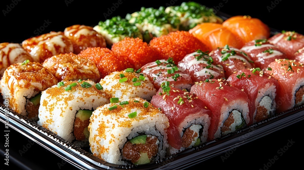 A variety of sushi rolls in a black tray. A variety of sushi rolls in a black tray.