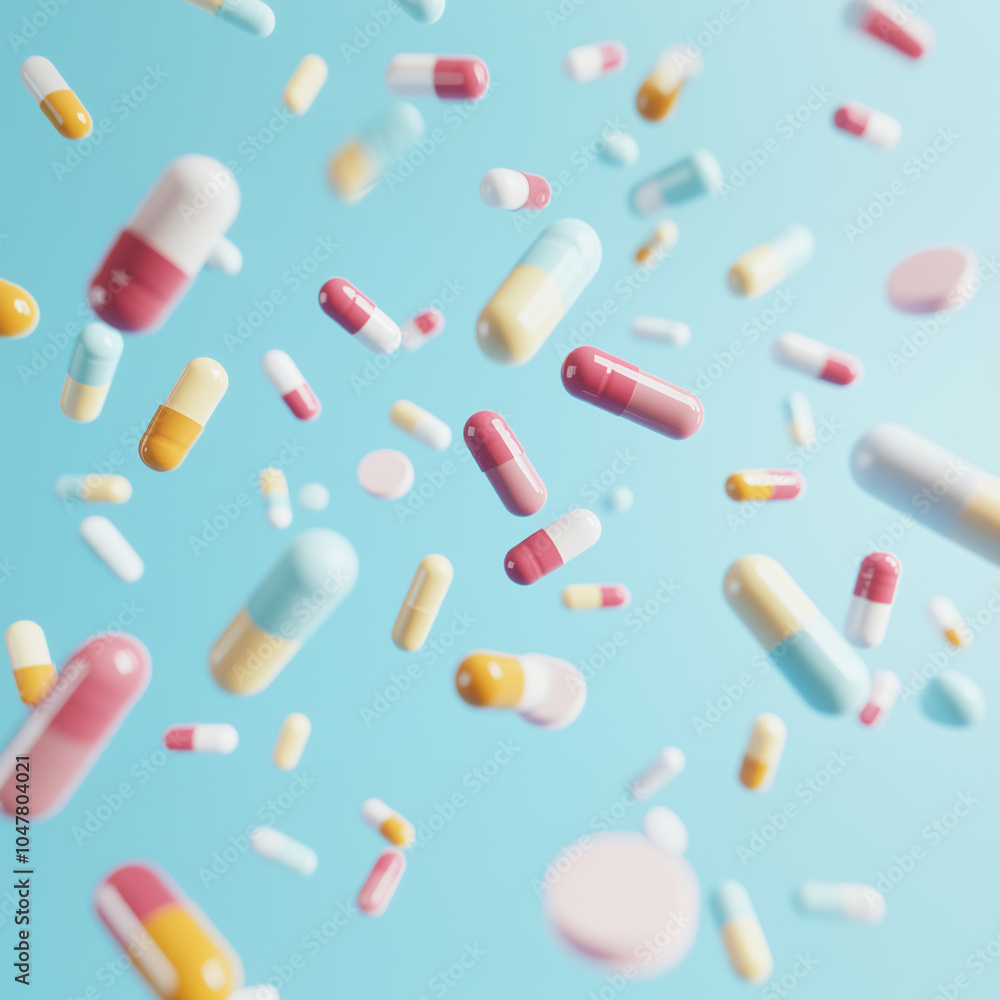 Colorful capsules and pills float against soft blue background, creating vibrant and dynamic scene. This image captures essence of health and wellness, evoking sense of vitality and energy Colorful capsules and pills float against soft blue background, creating vibrant and dynamic scene. This image captures essence of health and wellness, evoking sense of vitality and energy