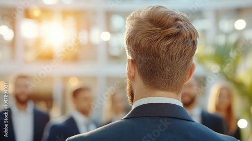 A bearded businessman in a suit is seen from behind, facing colleagues in a sunlit open space, symbolizing leadership, teamwork, and clarity in vision. photo