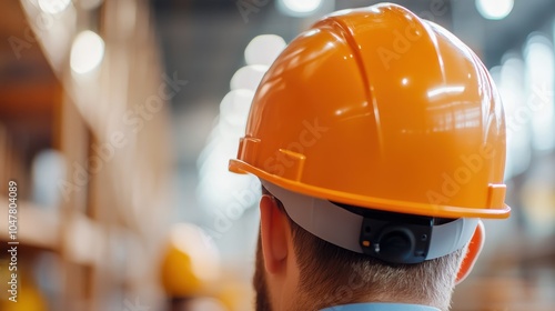 The back view of an engineer donning a bright orange hard hat and jacket, exemplifying attentive work in a modern industrial facility filled with activity. photo