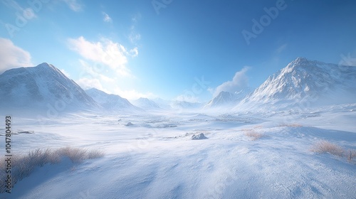 A vast, snowy mountain range with a bright blue sky and fluffy clouds.