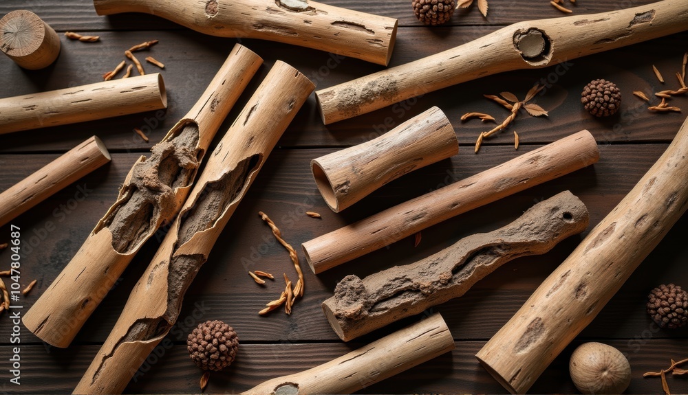 Flat lay of cinnamon sticks, star anise, oranges on dark background. Rich textures, warm colors, culinary concept. Generative, AI, Flat lay of cinnamon sticks, star anise, oranges on dark background. Rich textures, warm colors, culinary concept. Generative, AI,