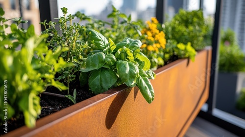 An array of vibrant herbs flourishing in a rooftop planter, set against a city panorama, symbolizes the convergence of urban life and natural tranquility. photo