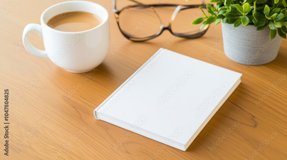 A white book rests on a wooden table, accompanied by a coffee mug, a pair of glasses, and a small potted plant, conveying a calm and focused atmosphere. A white book rests on a wooden table, accompanied by a coffee mug, a pair of glasses, and a small potted plant, conveying a calm and focused atmosphere.