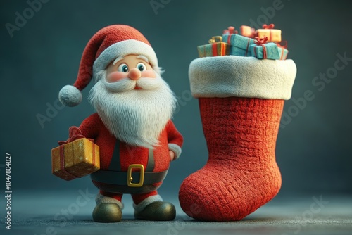 Santa Claus with Gift and Stocking: Festive Holiday Spirit in Christmas Art photo