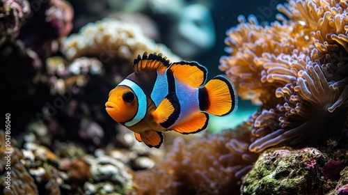 A vibrant clownfish swims among colorful coral reefs.