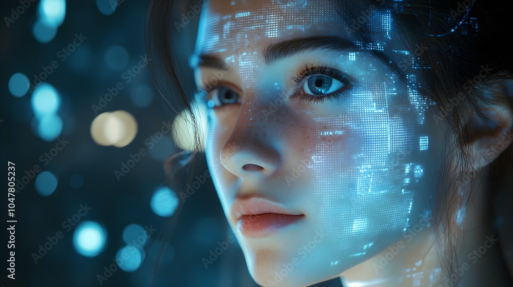 Portrait of a woman in a sleek metallic environment, digital recognition scan glowing on her face, cool tones, futuristic AI interface, 3D rendering, cyber-aesthetic Portrait of a woman in a sleek metallic environment, digital recognition scan glowing on her face, cool tones, futuristic AI interface, 3D rendering, cyber-aesthetic