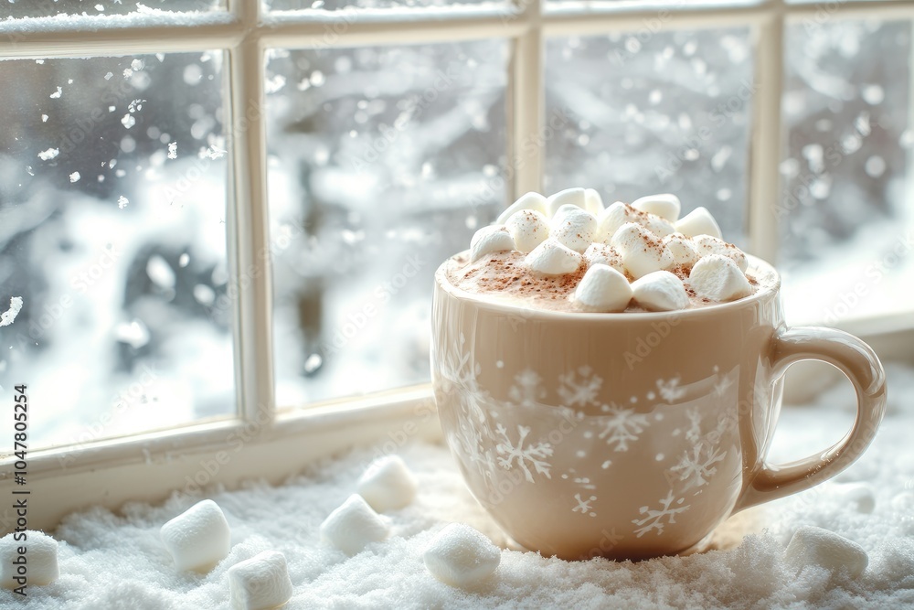 Cozy Winter Hot Chocolate with Marshmallows by Snowy Window Cozy Winter Hot Chocolate with Marshmallows by Snowy Window