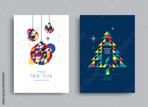 Merry Christmas and Happy New Year greeting posters. Christmas tree and balls with a pattern of triangles. Colorful geometric Xmas.