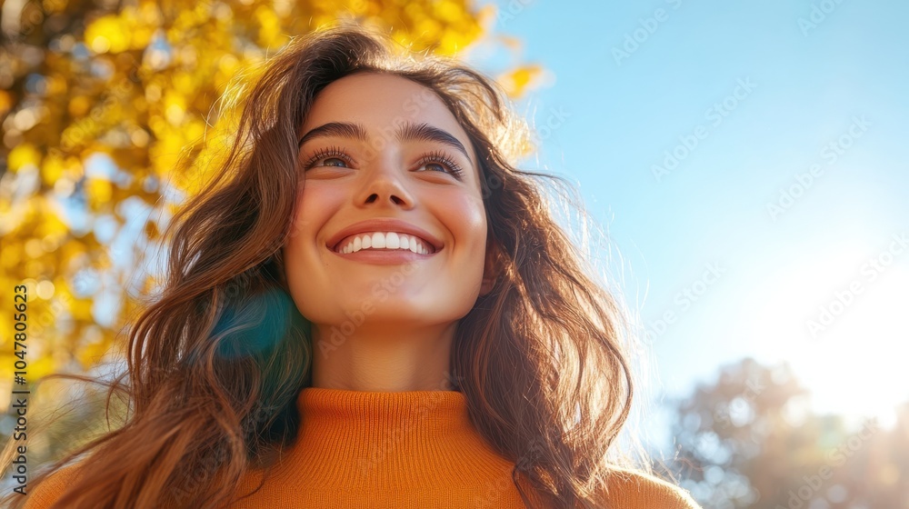 Fototapeta premium A woman with a radiant smile and long flowing hair is surrounded by golden autumn leaves, basking in sunlight, symbolizing joy, warmth, and harmony with nature.
