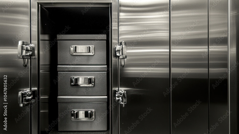 An open stainless steel cabinet with three drawers inside. An open stainless steel cabinet with three drawers inside.
