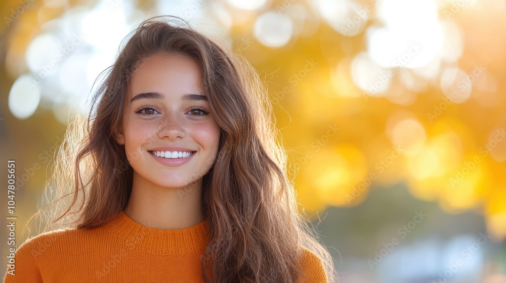A smiling woman enjoys an autumn day, surrounded by a blurred bokeh effect of golden leaves, encapsulating relaxation, warmth, and seasonal beauty. A smiling woman enjoys an autumn day, surrounded by a blurred bokeh effect of golden leaves, encapsulating relaxation, warmth, and seasonal beauty.