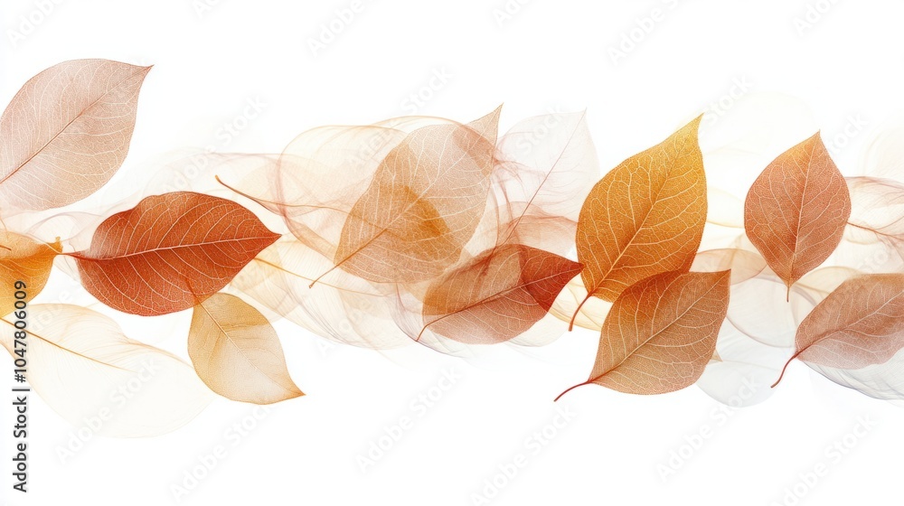 Elegant fall abstract with delicate leaf patterns and swirling light trails in warm earthy tones, isolated on white Elegant fall abstract with delicate leaf patterns and swirling light trails in warm earthy tones, isolated on white