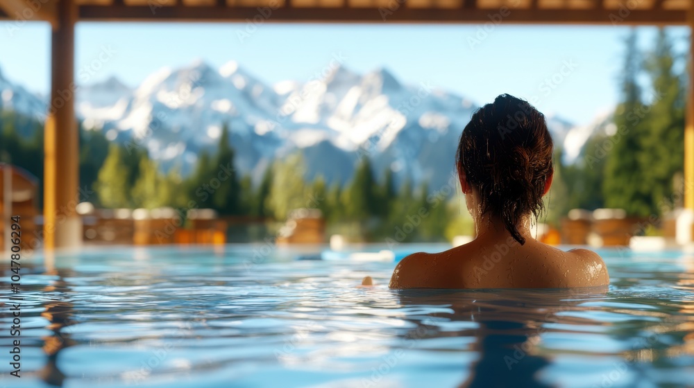 Fototapeta premium Captured from behind, a person relaxes in a pool with a picturesque view of snow-covered mountains and lush pine trees in the background, depicting serenity and contemplation.