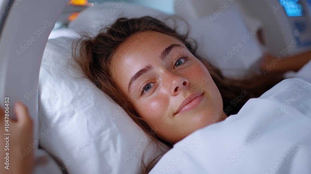 A young woman is comfortably situated in an MRI machine, exhibiting a serene expression, suggesting a relaxed experience during a medical examination. A young woman is comfortably situated in an MRI machine, exhibiting a serene expression, suggesting a relaxed experience during a medical examination.