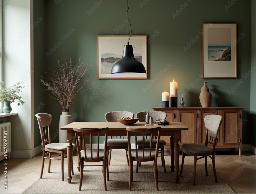 Scandinavian Dining Room Mockup with Sage Green Walls and Antique Wooden Table. This mockup showcases a beautifully designed Scandinavian dining room featuring soothing sage green walls.