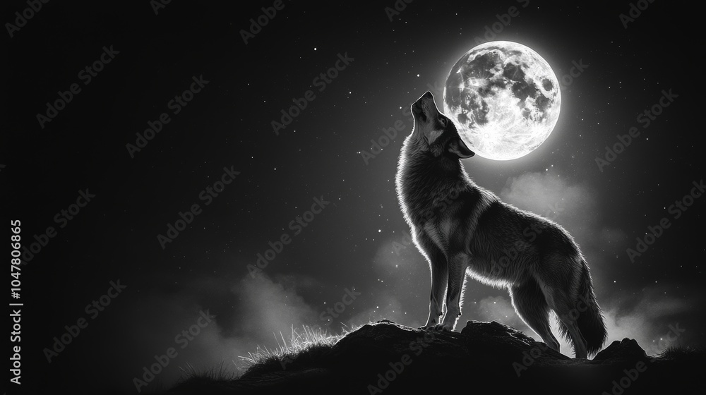 A lone wolf howling at the moon on a mountaintop, while the rest of the pack blends into the shadows below A lone wolf howling at the moon on a mountaintop, while the rest of the pack blends into the shadows below