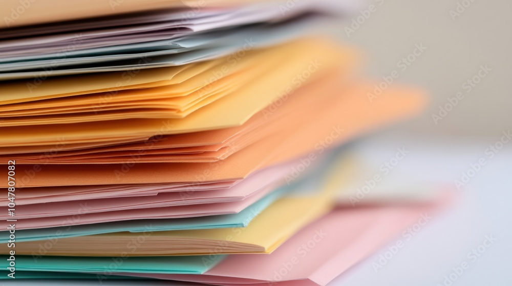 A neat stack of pastel-hued folders represents the serene yet organized nature of handling paperwork in an office or workspace environment. A neat stack of pastel-hued folders represents the serene yet organized nature of handling paperwork in an office or workspace environment.
