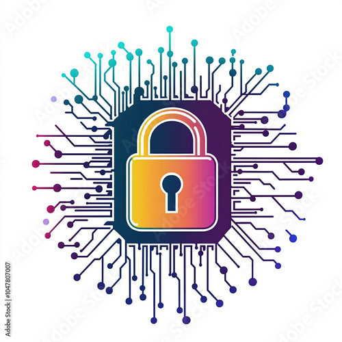 Vector illustration of digital security, a lock symbol with a circuit board pattern in the background on a white background