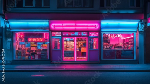 Wallpaper Mural A neon sign shining brightly in vivid pinks and blues, transforming an otherwise lifeless row of shops into a vibrant urban scene at night Torontodigital.ca