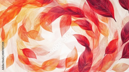 Fall abstract design featuring vibrant red, orange, and yellow leaves in swirling patterns, isolated on white