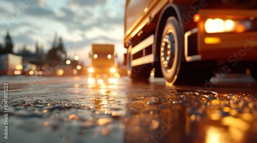 An orange truck navigates a wet roadway during a vibrant sunset, while city lights in the background create a mesmerizing play of reflections and colors. photo