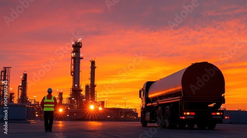 A worker in high visibility gear stands near a tanker truck as the sun rises over an industrial oil refinery, capturing the essence of early dawn energy and industry. photo