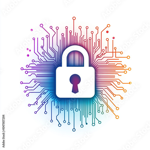Vector illustration of digital security, a lock symbol with a circuit board pattern in the background on a white background