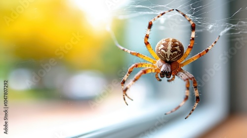 An orb-weaver spider skillfully constructing its symmetrical web in the warm sunlight of a window corner, capturing an essential aspect of nature's design. photo