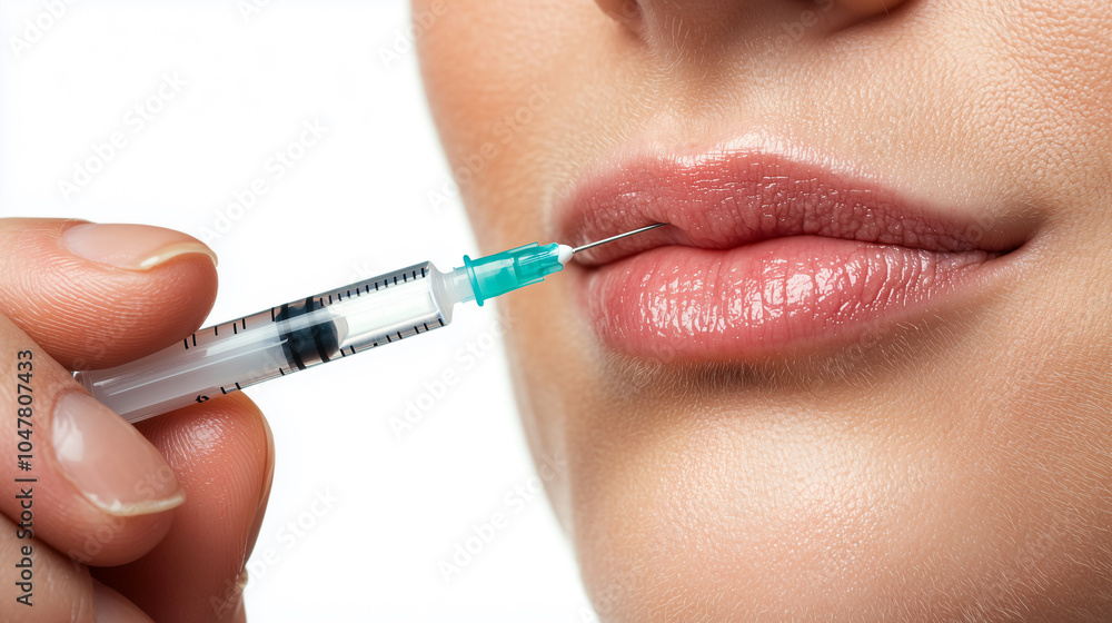 A hand holding syringe near plump lips suggests cosmetic procedure, highlighting beauty and self care. image evokes sense of transformation and confidence A hand holding syringe near plump lips suggests cosmetic procedure, highlighting beauty and self care. image evokes sense of transformation and confidence