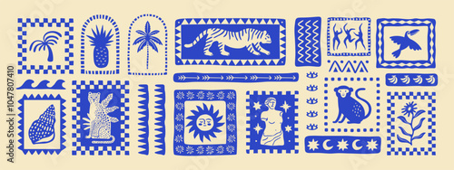 Retro hand drawn tropical summer shape set. Jungle nature illustration collection. Vintage exotic clip art of palm tree, tiger and flower. Geometric mosaic style element bundle.