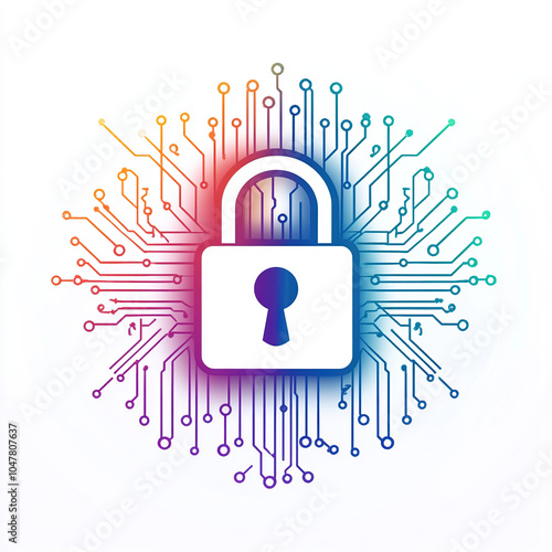 Vector illustration of digital security, a lock symbol with a circuit board pattern in the background on a white background