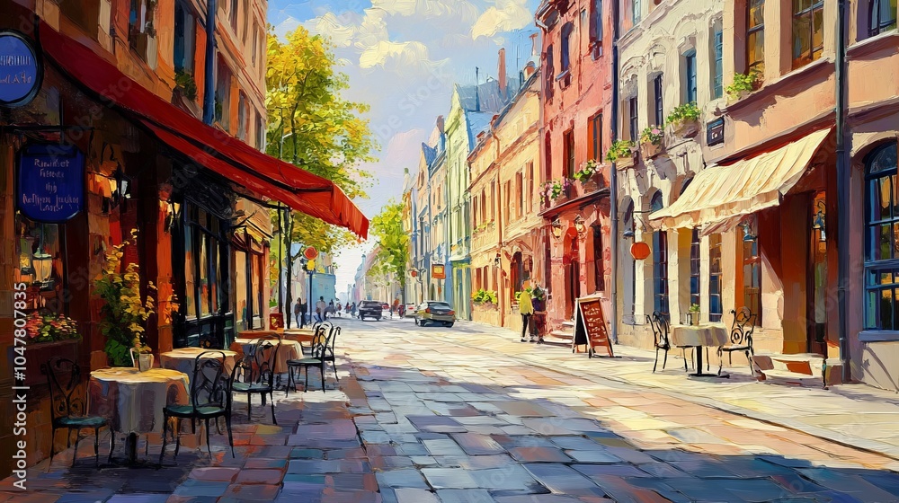 Obraz premium A picturesque street scene featuring colorful buildings, outdoor cafes, and vibrant trees under a sunny sky.