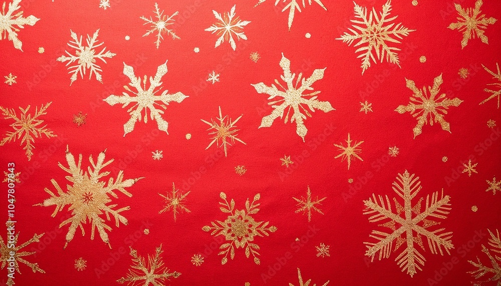 Luxurious festive wrapping paper background in vibrant red with gold foil snowflake patterns Luxurious festive wrapping paper background in vibrant red with gold foil snowflake patterns