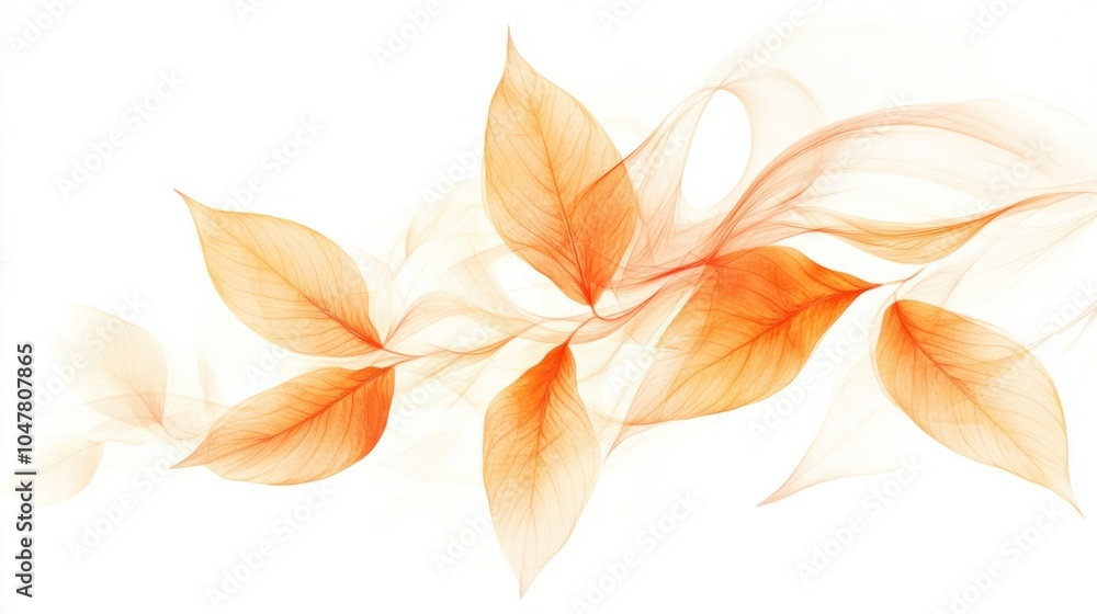 Soft abstract fall design with delicate swirling leaves and glowing orange tones, isolated on white Soft abstract fall design with delicate swirling leaves and glowing orange tones, isolated on white
