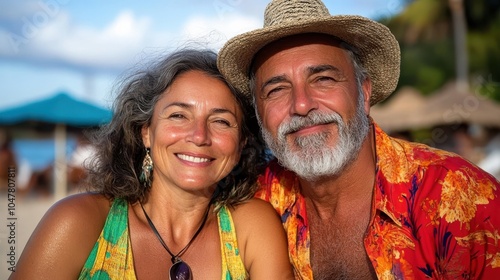 A joyful couple in vibrant summer outfits posing for a photo on a sunny beach, capturing moments of happiness, relaxation, and companionship by the ocean.