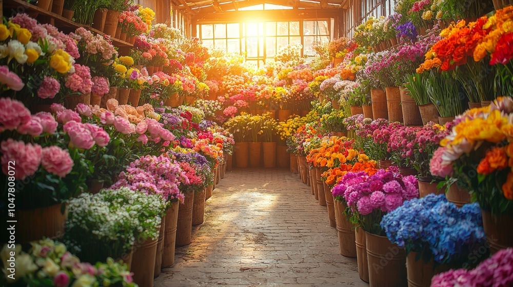 A vibrant flower greenhouse filled with colorful blooms and warm sunlight. A vibrant flower greenhouse filled with colorful blooms and warm sunlight.