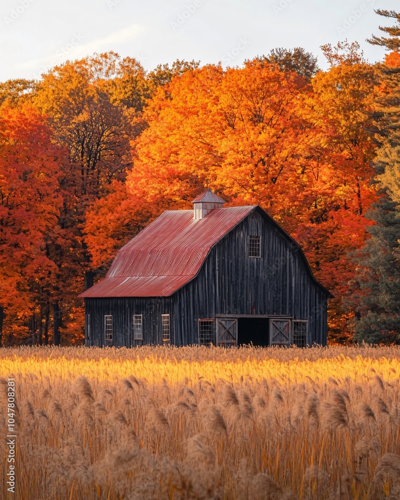 a barn in an autumn field