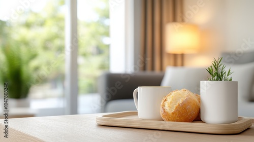 Wallpaper Mural This image showcases a minimalist breakfast setting with a simple tray holding warm bread, beverages in sleek cups, and a small plant, displaying a modern lifestyle aesthetic. Torontodigital.ca