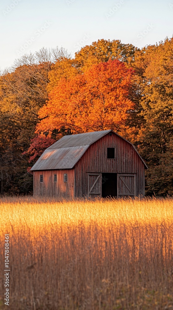 a barn in an autumn field