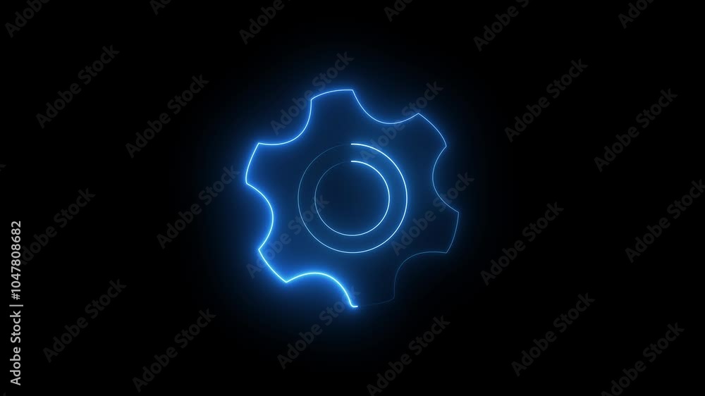 Neon glowing blue color gear setting icon on black background animation, Technology setting icon .technical concept and networking concept. neon line gear and networking system.