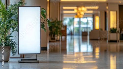 A white, empty banner stand is in a hotel.