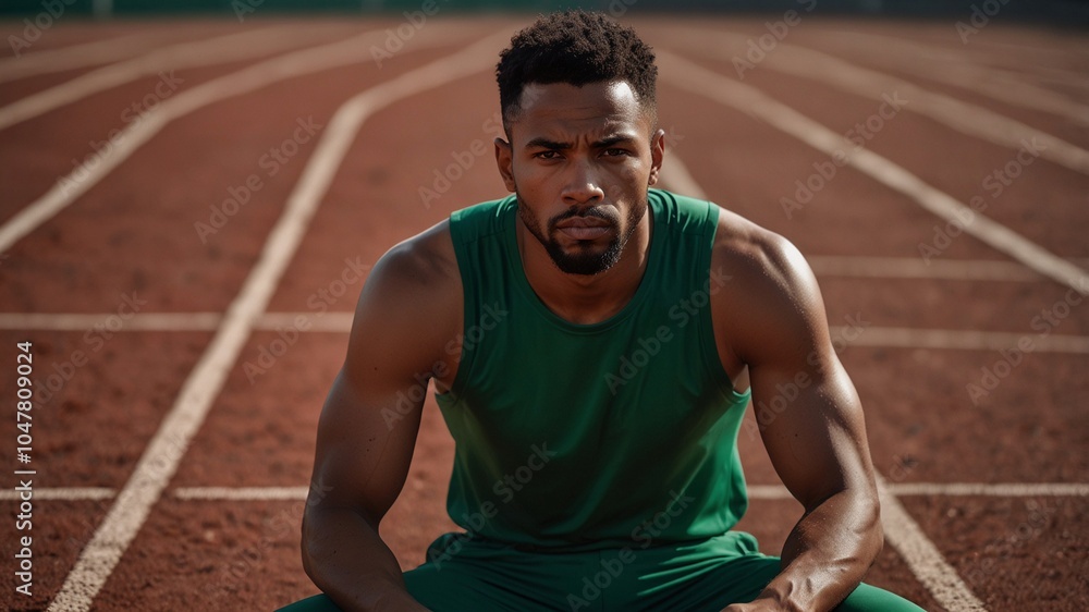 After tough run, athlete sits on the track, deep in thought, his green outfit contrasting sharply with vibrant red surface beneath him. Concept of sport, tournament, motivation, workout, competition. After tough run, athlete sits on the track, deep in thought, his green outfit contrasting sharply with vibrant red surface beneath him. Concept of sport, tournament, motivation, workout, competition.