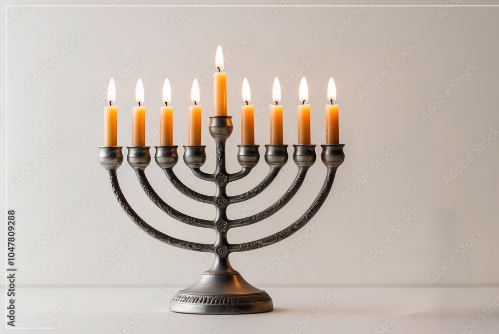 A traditional Jewish Hanukkah menorah, a candlestick with 9 branches, with a gentle, soft flame emitting a warm glow, on a thin creamy white background that provides enough space to copy the design an A traditional Jewish Hanukkah menorah, a candlestick with 9 branches, with a gentle, soft flame emitting a warm glow, on a thin creamy white background that provides enough space to copy the design an